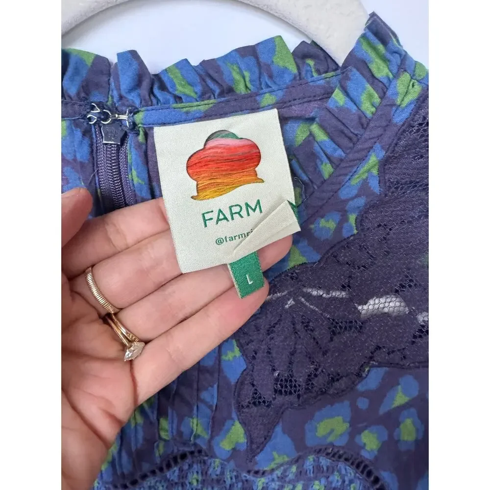 Farm Rio Blue Green Leopard Print Smocked Peplum Top Lace Guipure Cotton Large - Picture 8 of 14